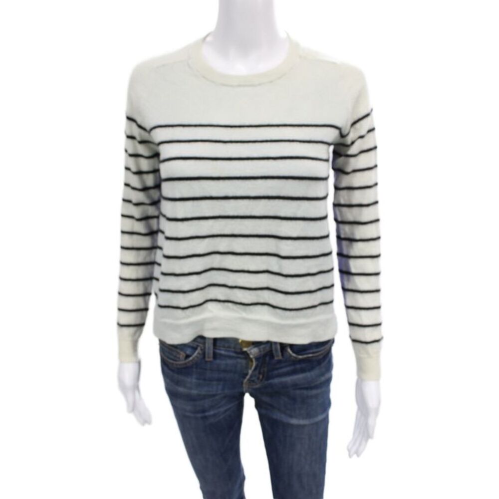 Mason Women Cashmere Striped Crew Neck Pullover Sweater White Size PP